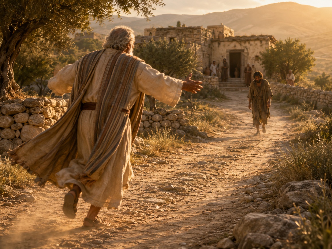 The father runs to embrace his returning son